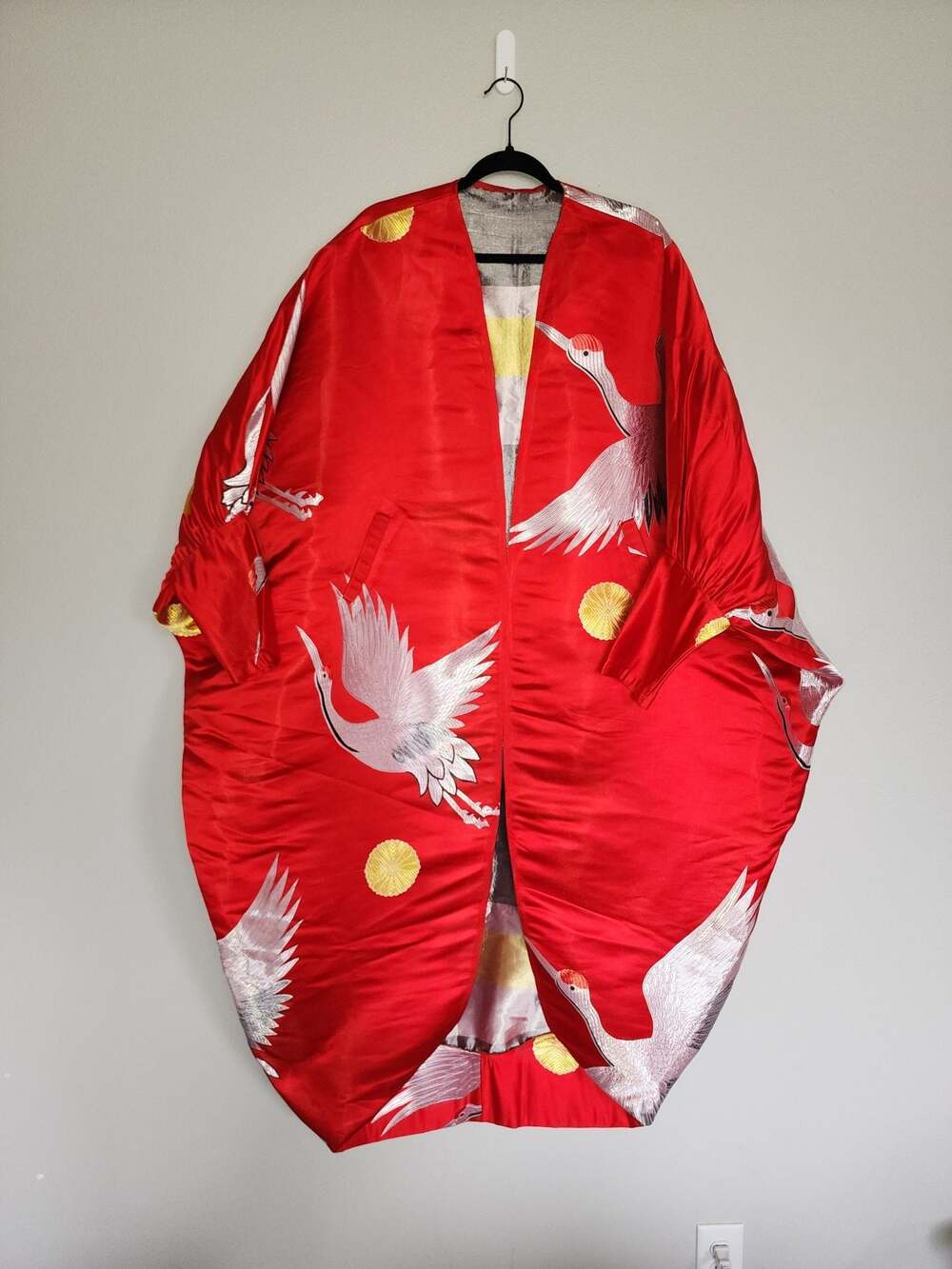 Vintage Red Silk Japanese‎ Uchikake Wedding Kimono with Embroidered Cranes